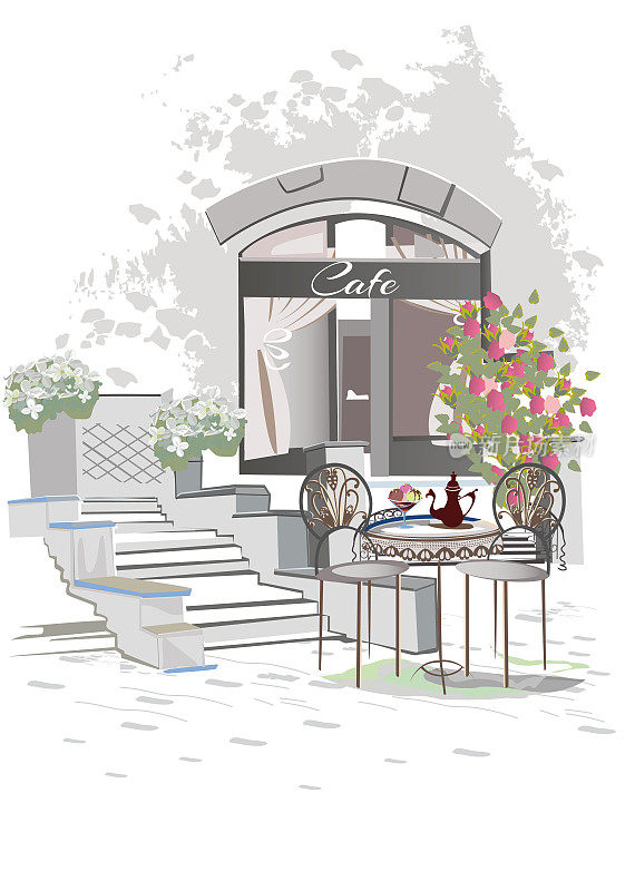 以鲜花、老城区景色和街头咖啡馆装饰的系列背景。