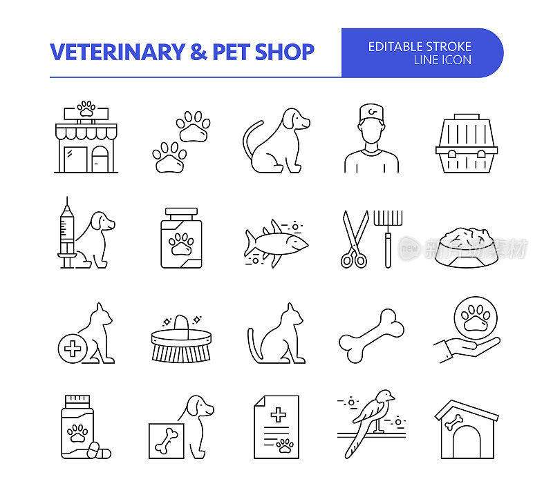 兽医和宠物店相关的线矢量图标集。可编辑的中风。宠物疫苗宠物店