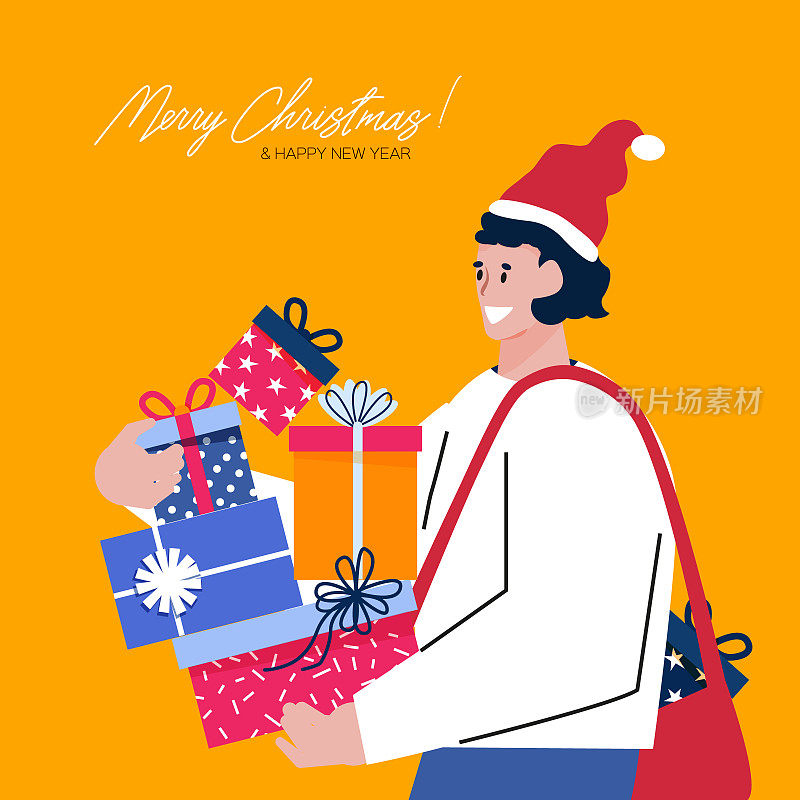 英俊的男人戴着圣诞帽，手里拿着礼物，看上去很开心很惊讶，带着微笑。圣诞快乐和新年快乐的设计。礼品盒、蝴蝶结。冬天的假期。圣诞节的问候。