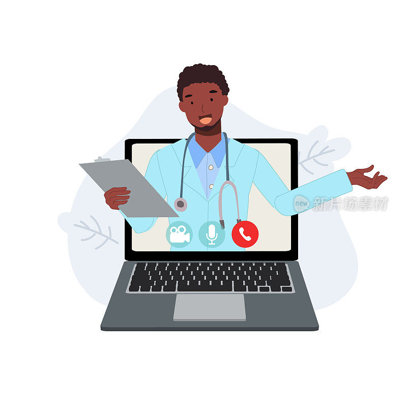 在线医生顾问概念。男性非洲治疗师在笔记本电脑聊天。问医生。在线医疗咨询服务，远程医疗，矢量平面插画。