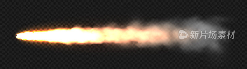 逼真的白烟带火，太空火箭发射痕迹。大火爆发，爆炸。导弹或子弹痕迹。喷气式飞机的轨迹。烟云，雾。蒸汽流量。矢量图