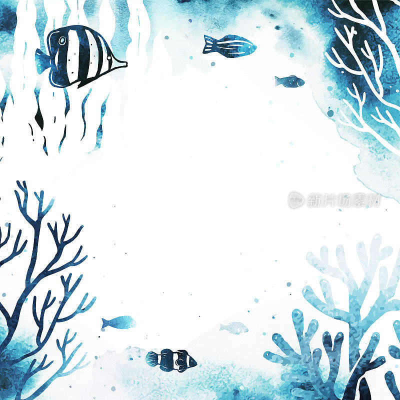 水彩矢量模板与鱼，海藻，白色背景上的珊瑚礁。带有文本位置的框架。用于传单，列表，广告，封面，横幅。所有的元素，纹理都是独立的对象