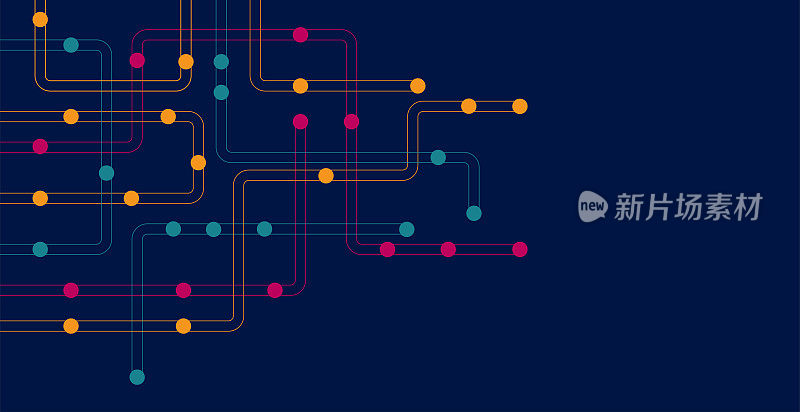 电路连接线和点。网络技术和连接概念。分散的网络节点连接