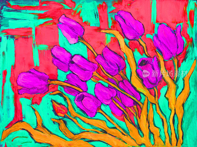 插画油画静物盛开的紫色郁金香在绿色红色的色调