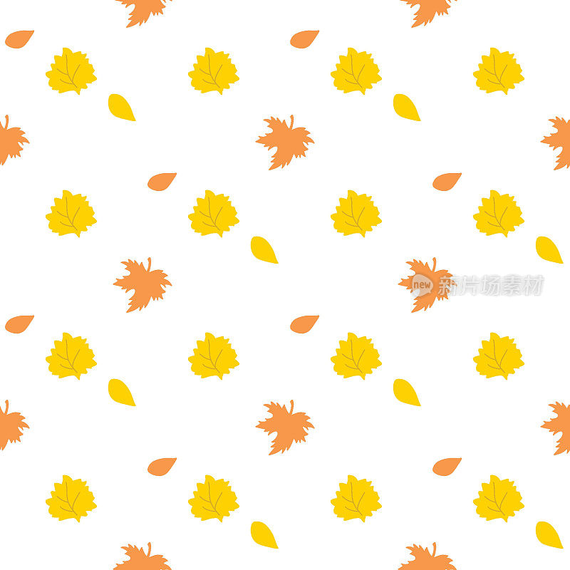 秋日矢量秋日天衣无缝。黄色和橙色的叶子。可爱的手绘收获季节农家乐插图在白色背景