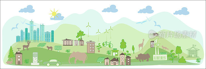 生态城市天际线矢量插图。乡村的绿色城市生活。保护地球就是清洁能源。地球日是对环境的关注。地球掌握在人类手中。