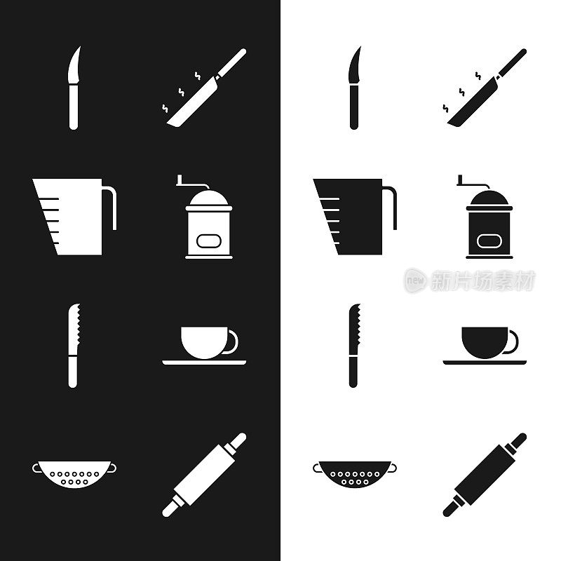 设置手动咖啡研磨机，量杯，刀，煎锅，面包刀，咖啡，擀面杖和厨房滤器图标。向量