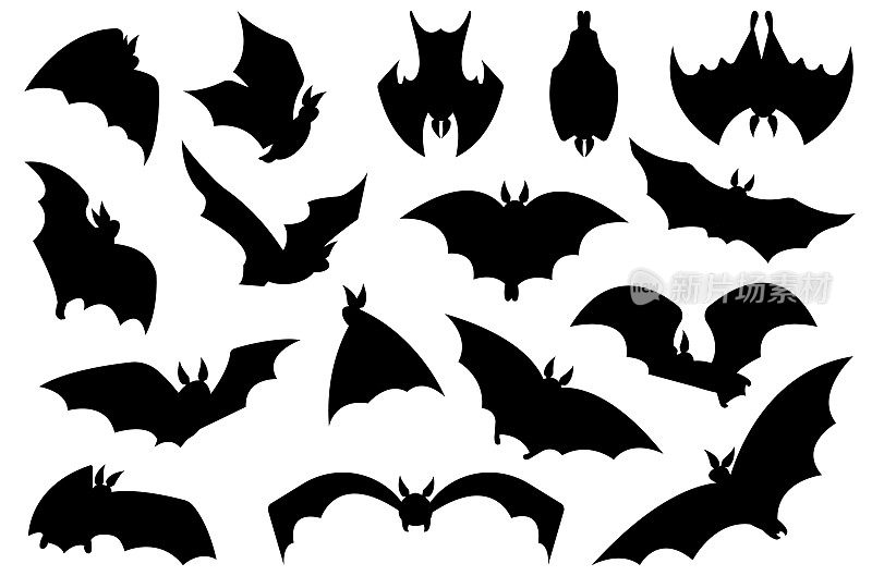 飞行蝙蝠黑色的剪影，蝙蝠万圣节的象征成群。令人毛骨悚然的吸血鬼，哥特式恐怖的图形艺术。孤立的动物体面的矢量剪贴画
