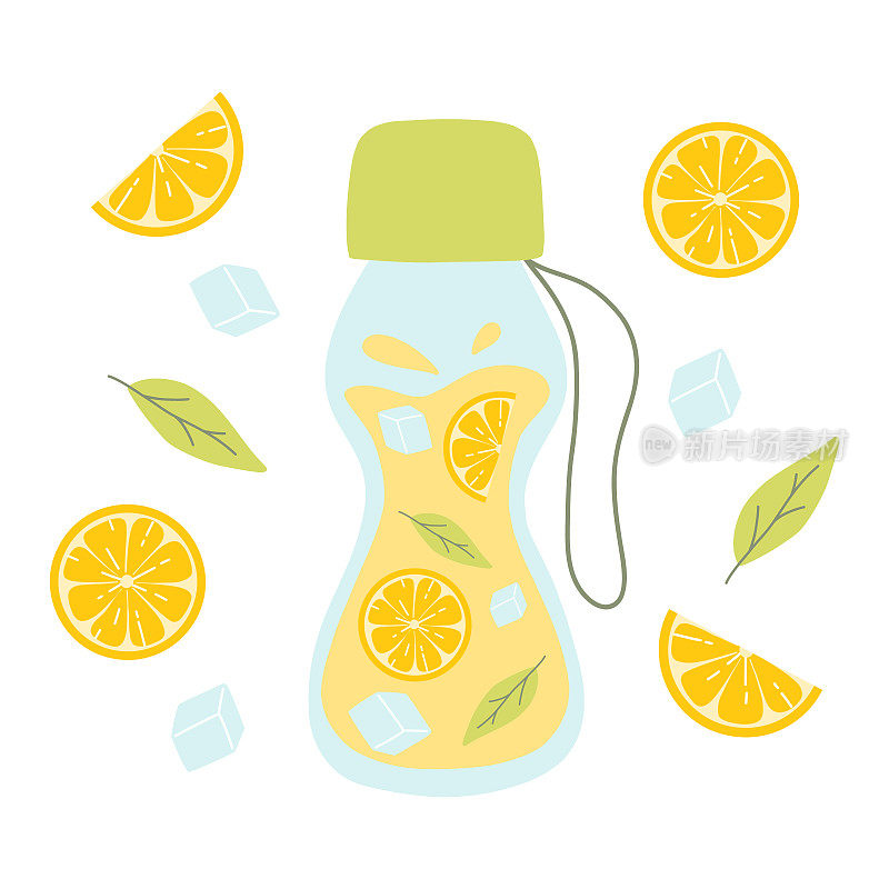 瓶装柠檬水。加柠檬、薄荷和冰块的柠檬水。