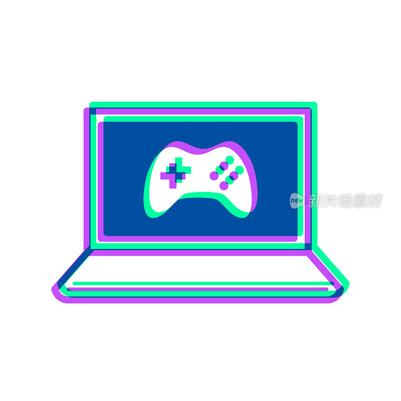 在笔记本电脑上玩电子游戏。图标与两种颜色叠加在白色背景上