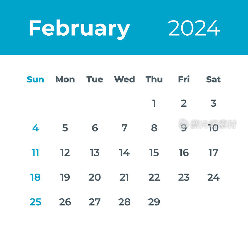 2024年2月-日历叶子。矢量图