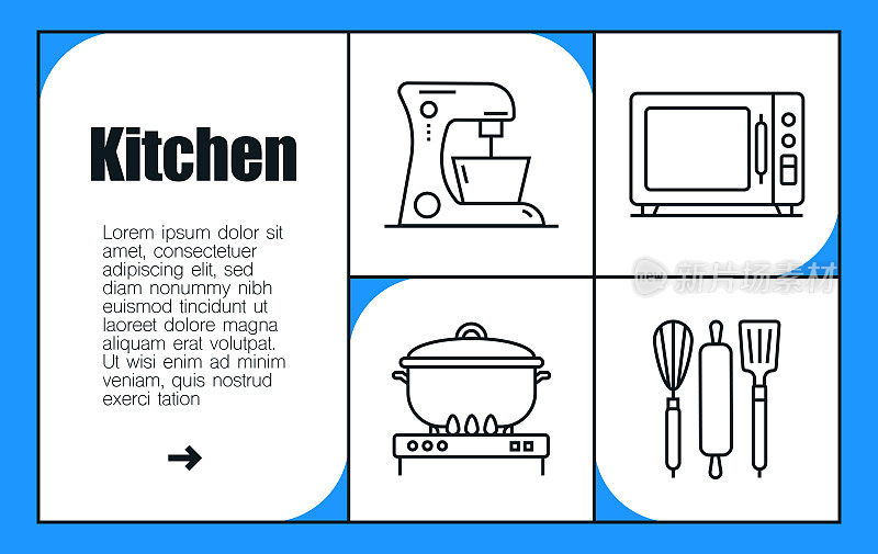 厨房线图标集和横幅设计。设计是可编辑的，颜色可以改变。矢量创意图标集:搅拌机，锅，天平，微波炉，水壶。