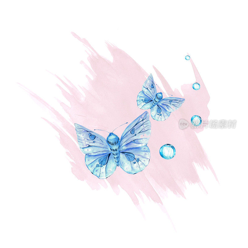 一套水彩插图。蓝蝴蝶，荷花，树叶，手。设计及明信片