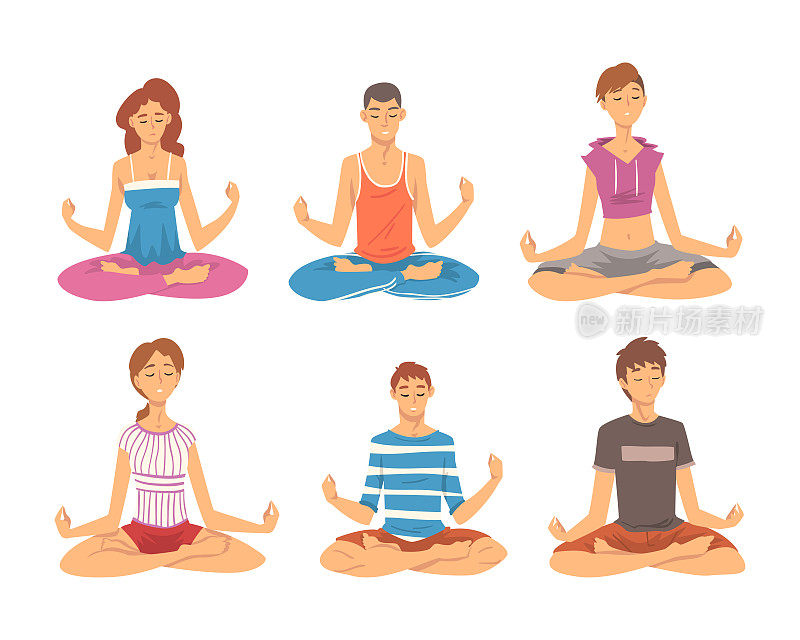放松的人在莲花体式冥想。年轻男女练习瑜伽。冥想和健康的生活方式概念卡通矢量插图