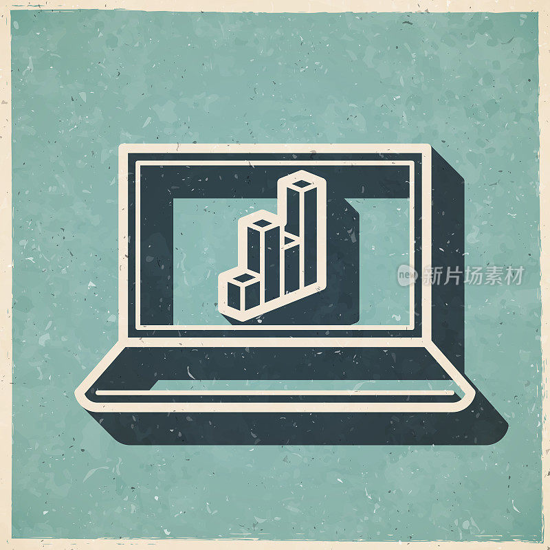 带有3D图表的笔记本电脑。图标复古复古风格-旧纹理纸