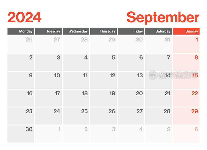 2024年9月-日历计划器。极简风格的景观水平日历2024年。向量模板。这一周从星期一开始