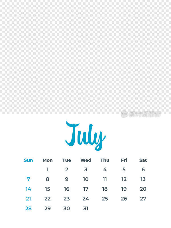 2024年7月-日历与照片或插图的地方。日历矢量模板为2024年。一周从周日开始