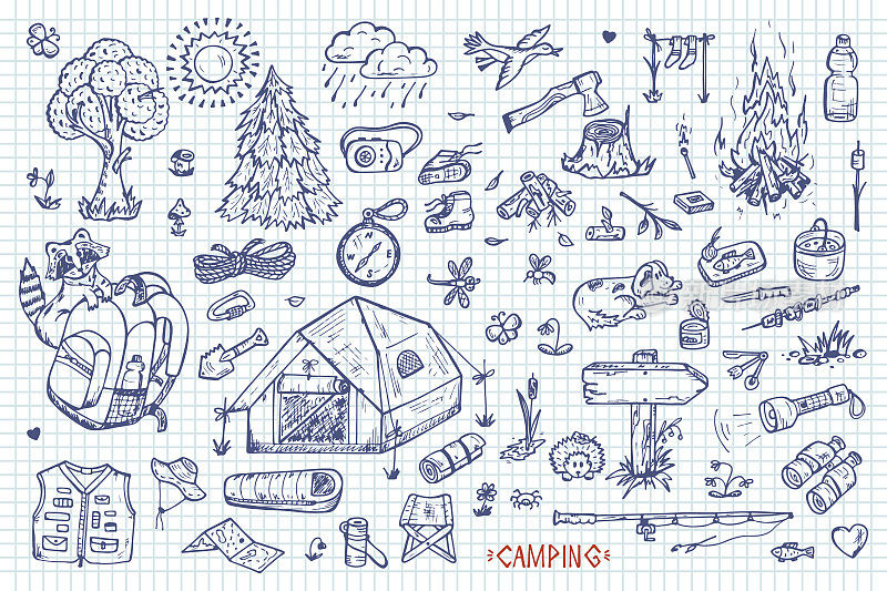 旅游和露营矢量集。手绘涂鸦露营元素
