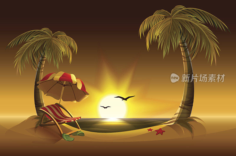 晚上海滩。大海，阳光，棕榈树和沙滩。浪漫的暑假