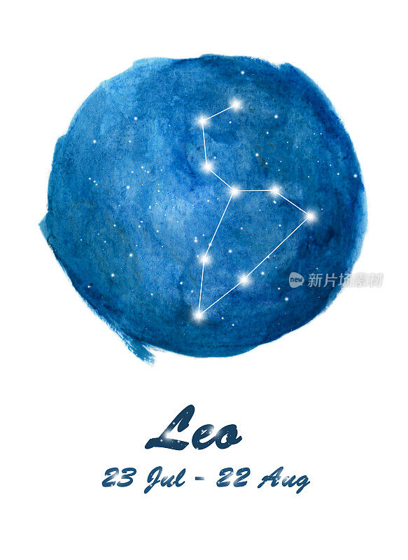 狮子座:黄道十二宫的星座，宇宙恒星空间中的狮子座。蓝色星空内圆背景。星系空间设计星座图标