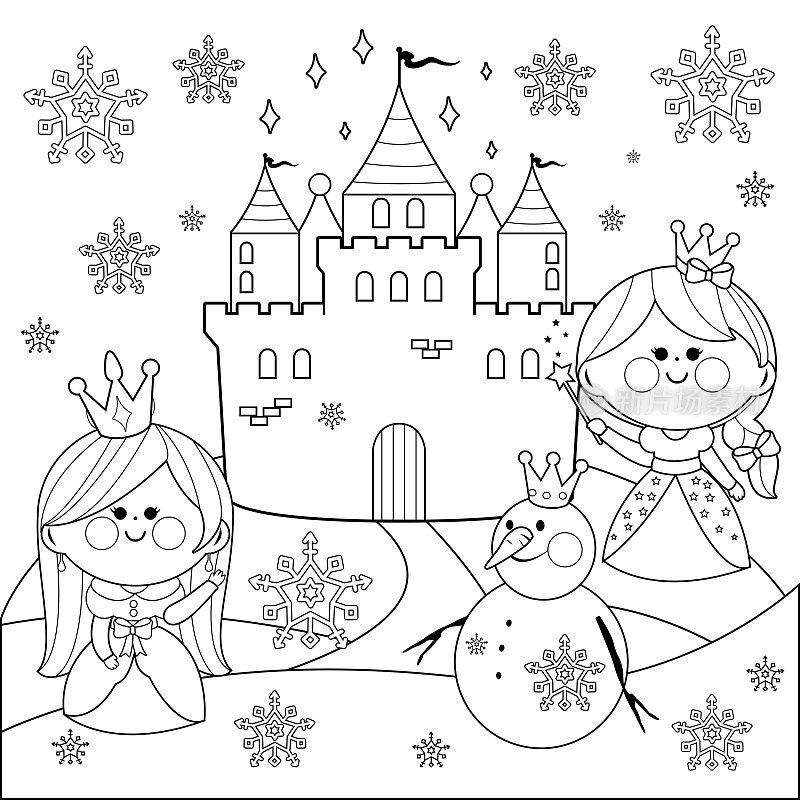 美丽的公主在雪景与城堡和雪人。黑白涂色书页