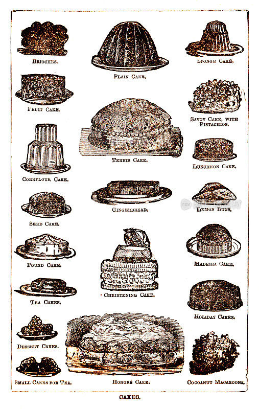 维多利亚时代的一组蛋糕插图，为19世纪的家庭主妇和厨师服务;出自比顿夫人1899年的烹饪书