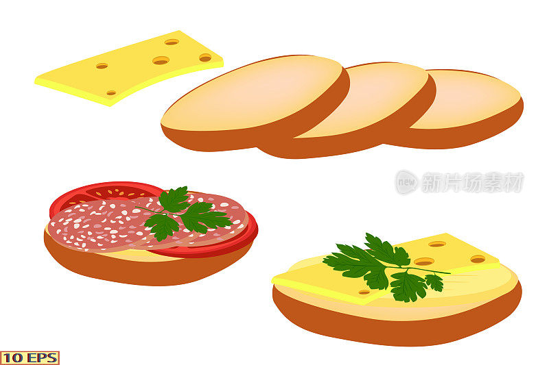 三明治配黄油，香肠，奶酪，西红柿，欧芹。美味的香肠三明治。早餐吃新鲜的三明治。切片面包配香肠和奶酪。