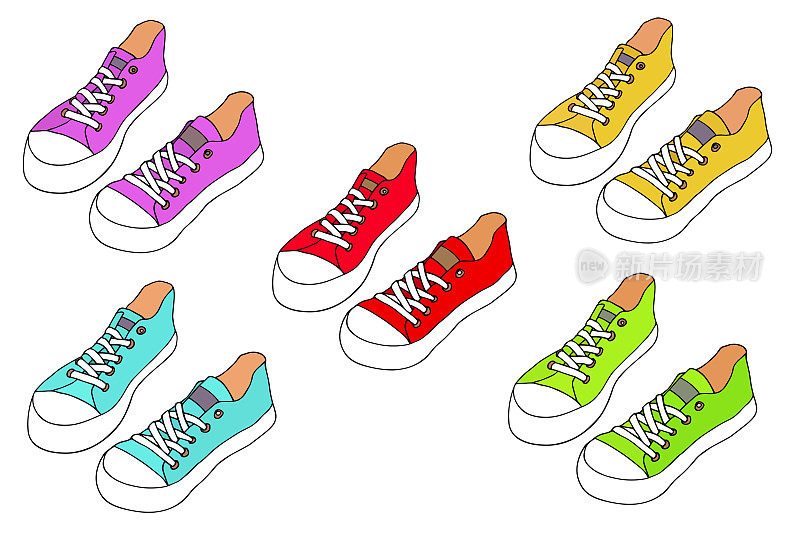 各种各样的匡威的鞋子。手绘时尚向量集。红的，蓝的，黄的，绿的，粉的鞋子。