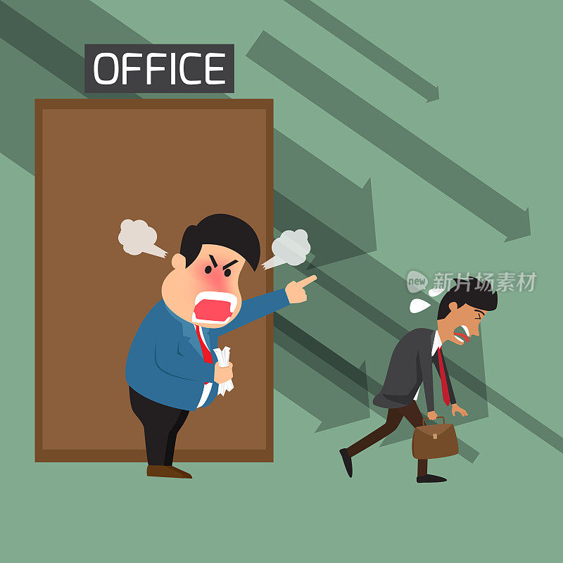 生气的老板在办公室对员工大喊大叫并开除他们，坏老板，坏员工，懒惰的员工，生气的老板，矢量插图。
