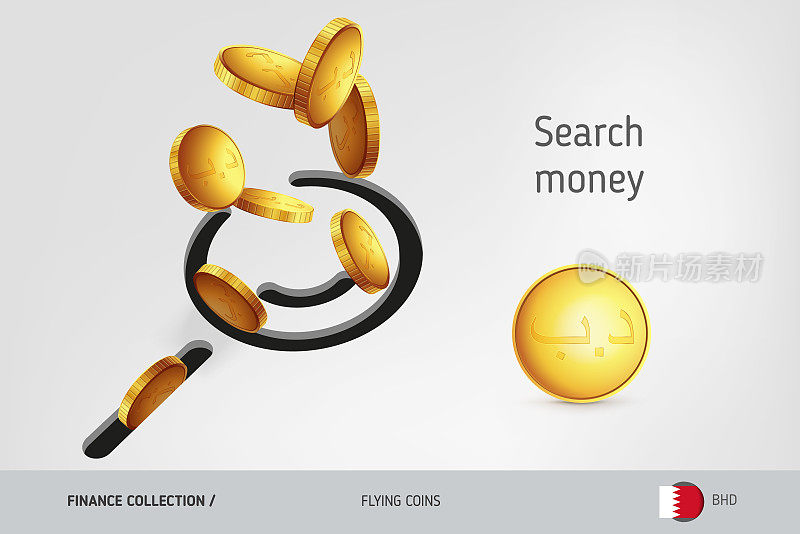 搜索图标与飞行巴林第纳尔硬币，金融概念。矢量插图印刷，网站，网页设计，移动应用程序，信息图表。