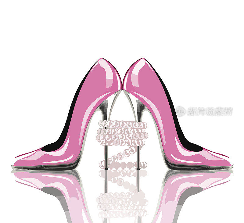 优雅的粉红色，高跟鞋与珍珠首饰。鞋子，婚礼和订婚的象征。