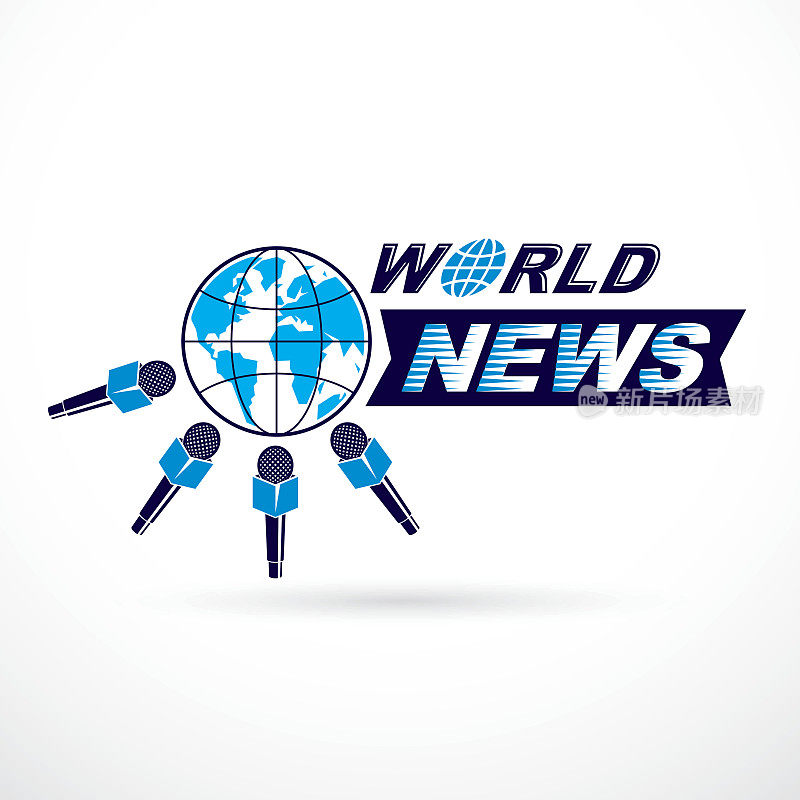 社会电信主题矢量设计，以蓝色地球行星插图，围绕麦克风和组成使用世界新闻题词。新闻发布会的概念。