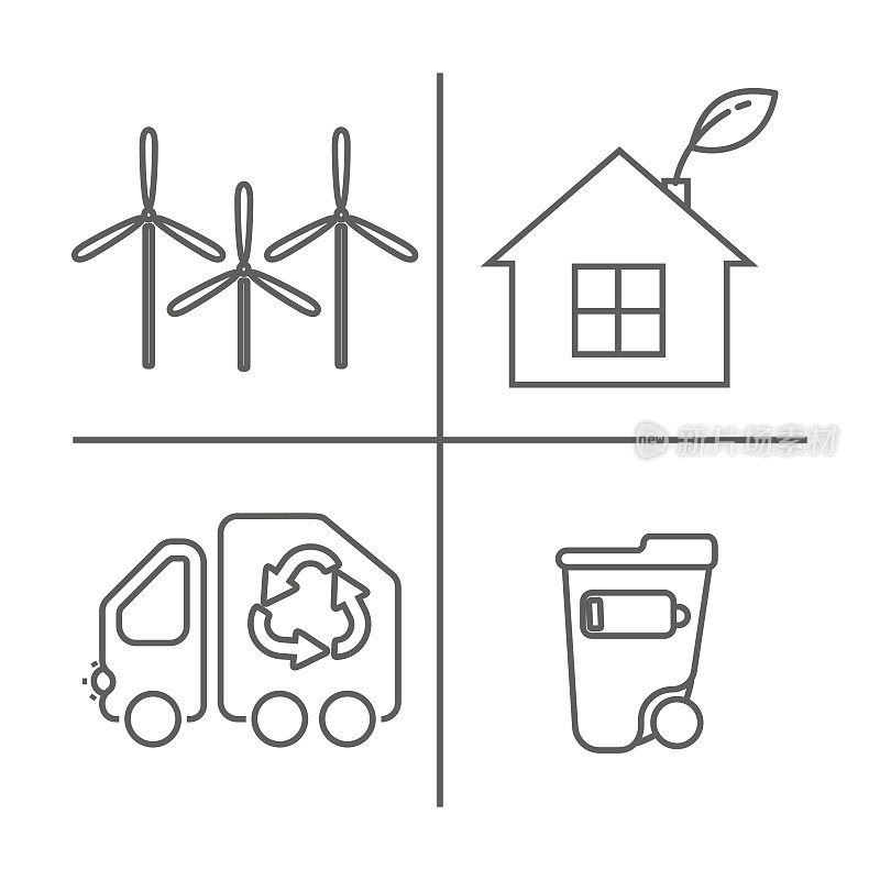 生态图标向量集。信息图表、网站或应用程序的细线生态标志。垃圾车、风车低能耗房屋和超生态标志。