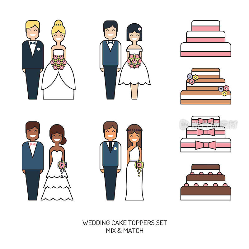 婚礼蛋糕与雕像新娘和新郎toppers矢量图标集