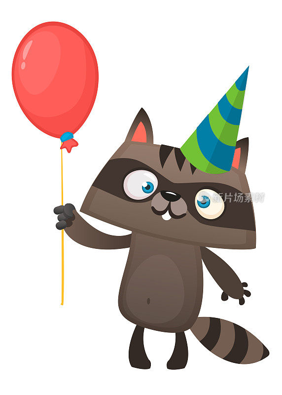 滑稽的卡通浣熊拿着红色的气球戴着生日派对的帽子。矢量插图的生日明信片