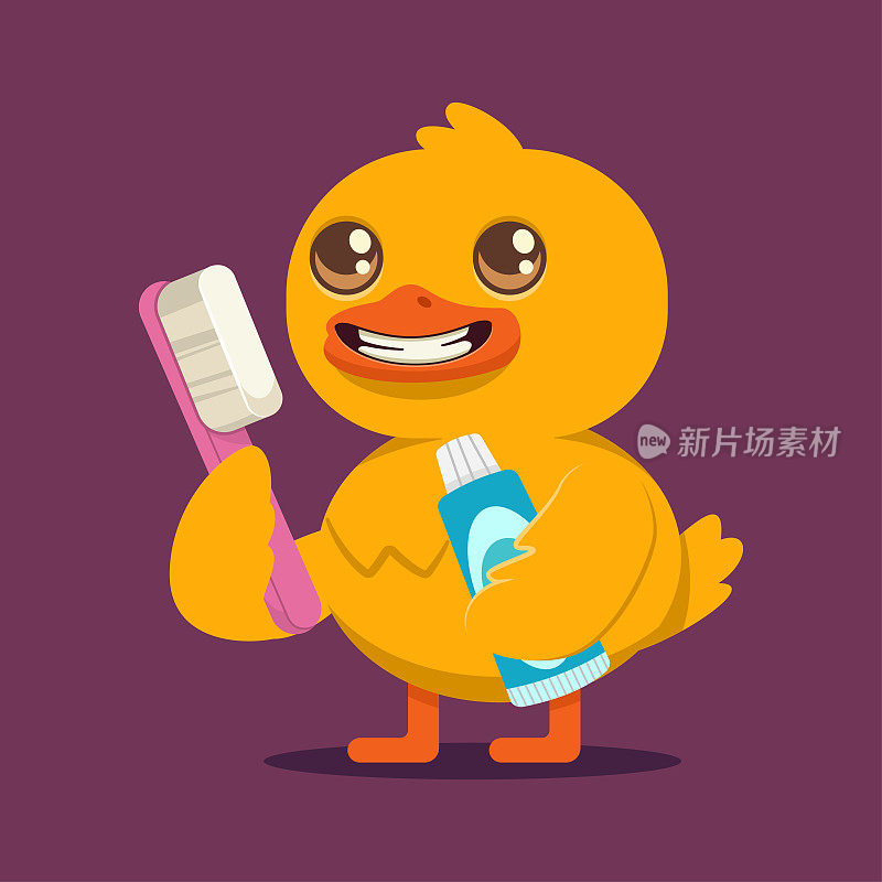 带牙刷和牙膏的有趣的小鸭子。矢量卡通鸟角色孤立的背景。牙科概念说明。