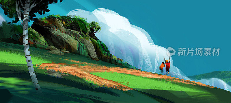 一对夫妻站在高山和蓝天下，数码插画艺术绘画设计风格。(大屏幕)
