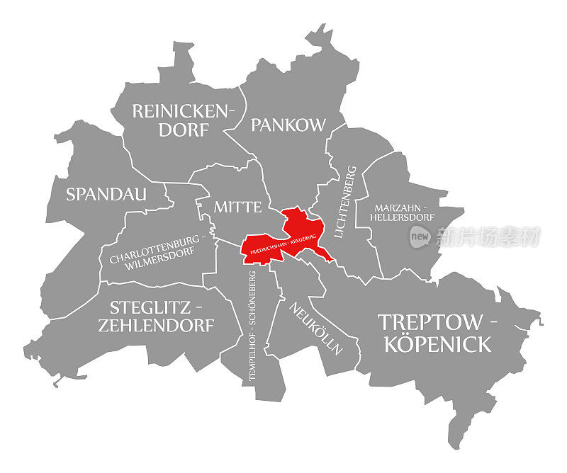 德国柏林地图上的弗里德里希海恩-克罗伊茨贝格城区用红色标出