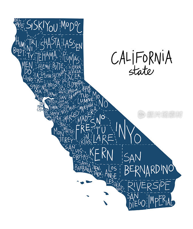 美国加利福尼亚州地图，有县。