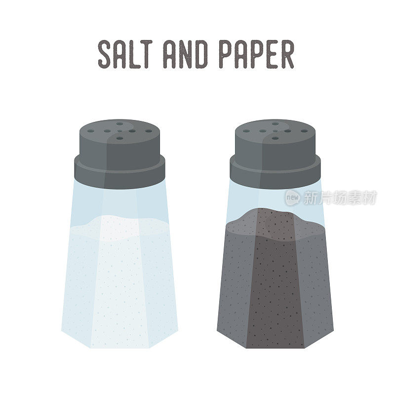 矢量盐，胡椒集，厨具。盐瓶和胡椒粉盒