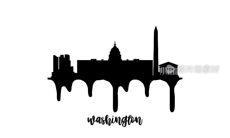 美国华盛顿特区黑色天际线轮廓矢量插图在白色背景与滴墨效果。