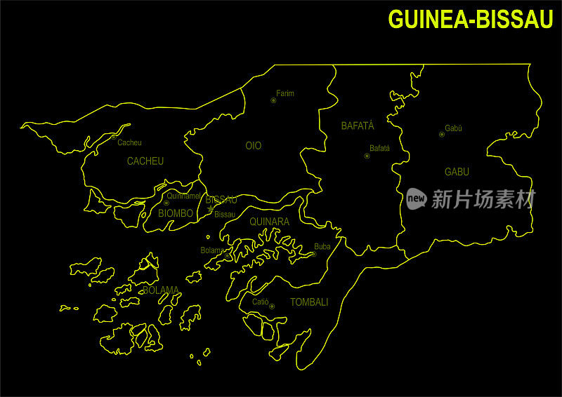 以黑色为背景的几内亚比绍霓虹灯地图