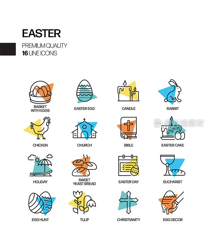 复活节相关矢量聚光灯线图标的简单设置。大纲符号集合