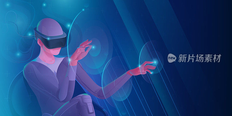 戴着虚拟现实头盔的女人用手触摸虚拟界面按钮。矢量图像现代技术的交流，游戏，创造力。蓝色基调的横幅。