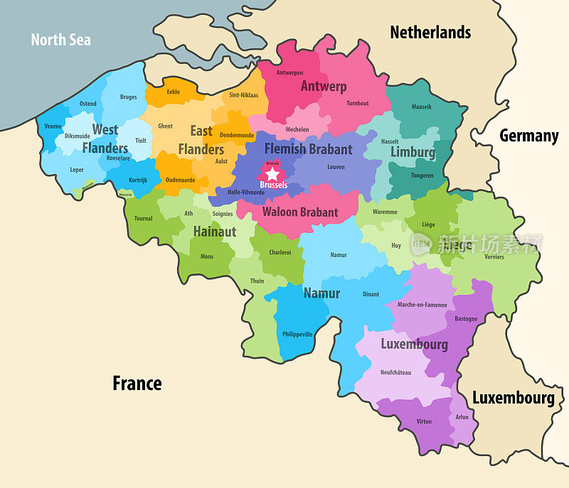 比利时行政区划地图与邻近领土。向量