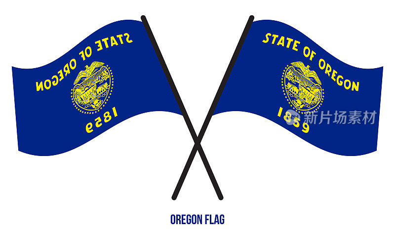 在孤立的白色背景上，两面交叉挥舞的俄勒冈旗。