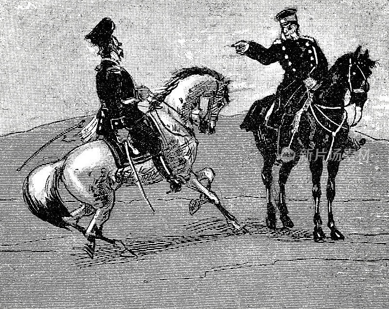 一个骑在马上的军官向一个士兵下命令