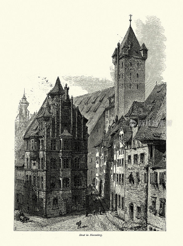 街道场景在纽伦堡,巴伐利亚,德国,19世纪