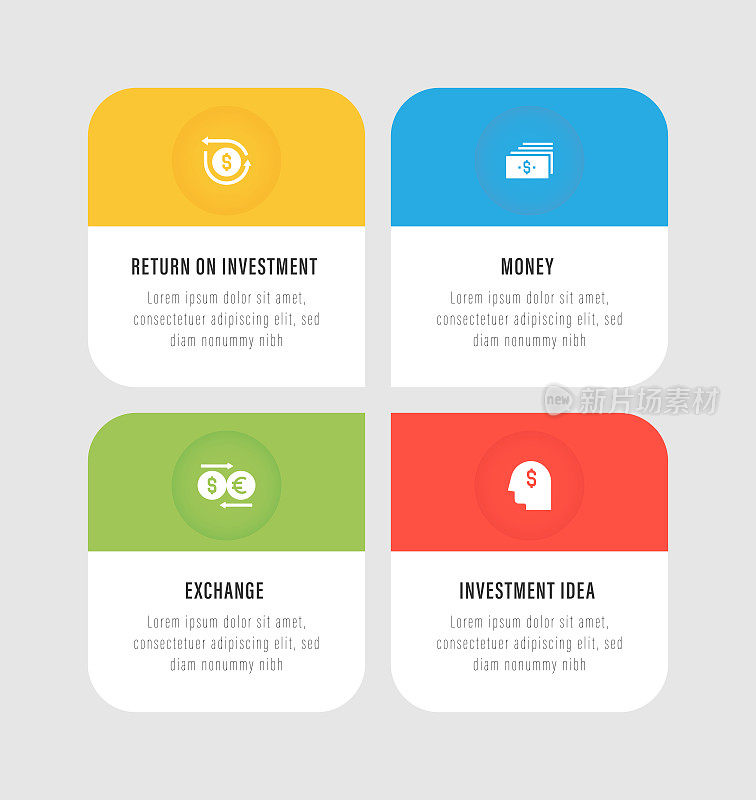 信息图表设计模板。投资回报，金钱，交易所，投资想法图标与4个选项或步骤。