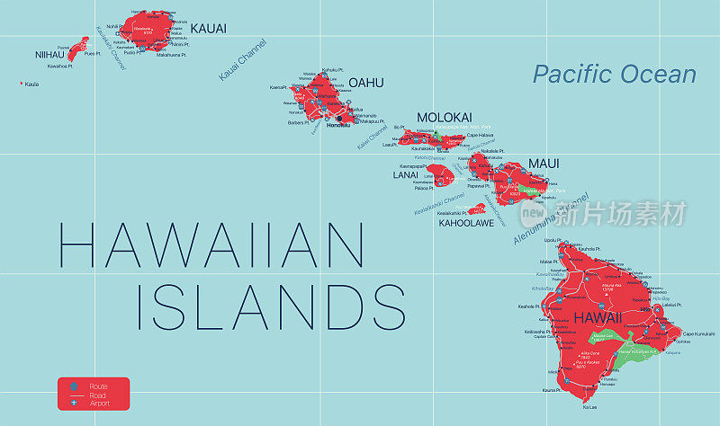 夏威夷州详细的可编辑地图